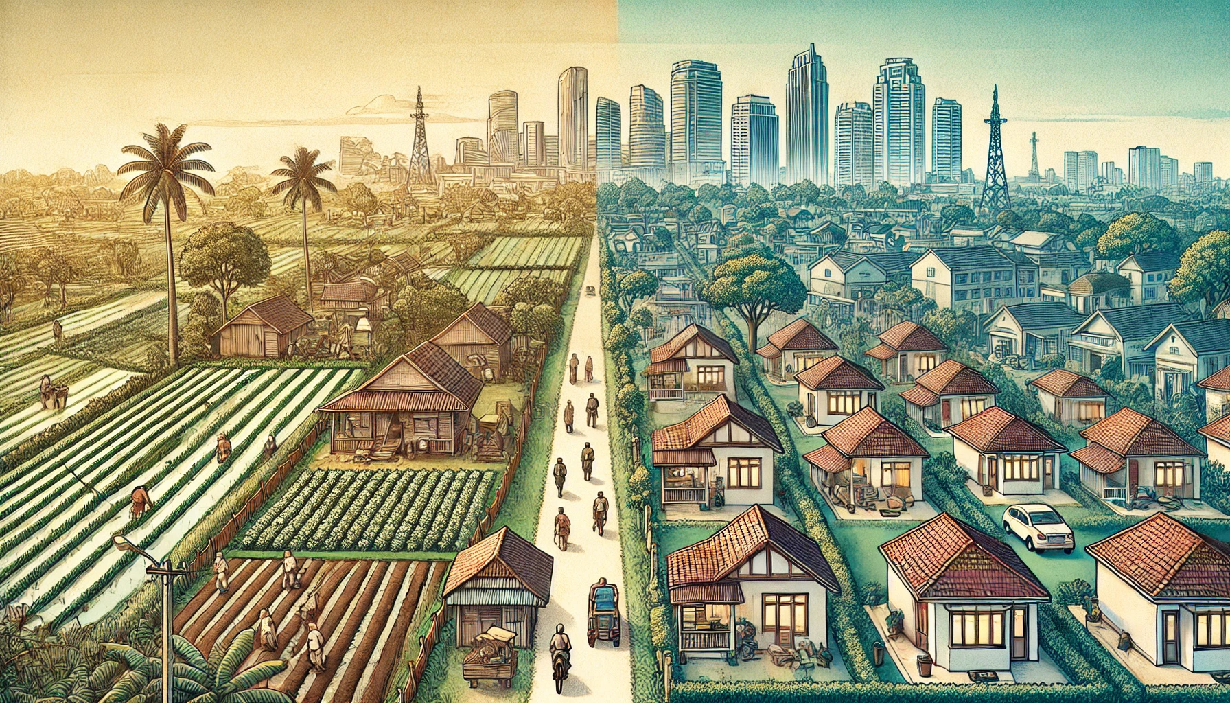 An illustration showing the historical transformation of Cikupa from a rural village with agricultural fields to a modern residential area. On one side, depict traditional homes, farming activities, and greenery. On the other side, showcase a modern cityscape with contemporary homes, buildings, and infrastructure, highlighting the development into a vibrant housing area. The overall scene should smoothly blend these two time periods to represent the transition of Cikupa into a strategic residential zone. 
