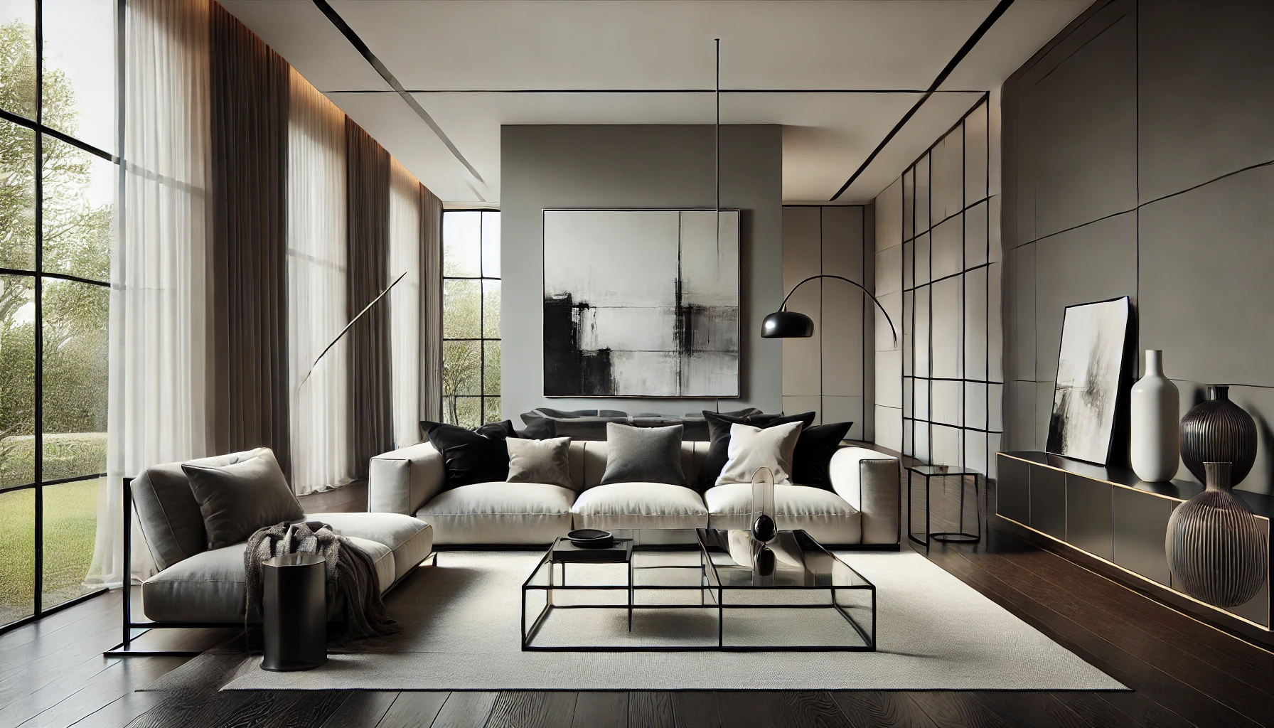 Ruang tamu modern yang canggih yang mewujudkan kesederhanaan dan keanggunan. Ruangan ini menampilkan perabotan yang ramping dengan garis-garis yang bersih, termasuk sofa low-profile dengan warna netral dan meja kopi kaca dengan aksen logam. Palet warnanya merupakan perpaduan harmonis antara hitam, putih, dan abu-abu halus, dilengkapi dengan lukisan abstrak besar di dinding. Cahaya alami masuk melalui jendela-jendela besar, menyoroti lantai kayu yang dipoles dan dekorasi minimalis. Beberapa aksen berselera tinggi seperti lampu lantai logam dan patung geometris menambahkan sentuhan halus tanpa membuat ruangan terlihat berlebihan, menciptakan keseimbangan sempurna antara gaya dan fungsi.