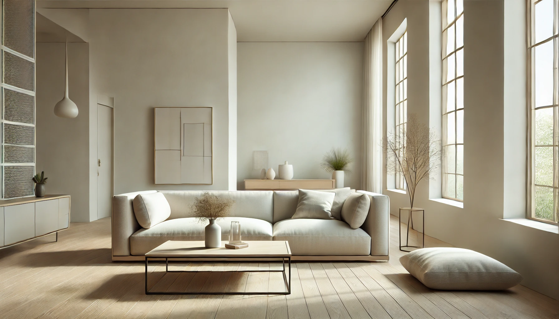 Ruang tamu minimalis yang tenang dengan garis-garis yang bersih, ruang terbuka, dan cahaya alami yang membanjiri jendela besar. Ruangan ini menampilkan palet warna netral putih, krem, dan abu-abu muda, dengan sofa sederhana dan sederhana serta meja kopi kayu kecil. Beberapa dekorasi yang dipilih dengan cermat, seperti satu tanaman dalam pot yang ramping dan karya seni geometris modern di dinding, menambahkan kepribadian yang halus. Keseluruhannya terkesan tenang, rapi, dan fungsional, mencerminkan filosofi 'lebih sedikit lebih baik' dari desain minimalis.