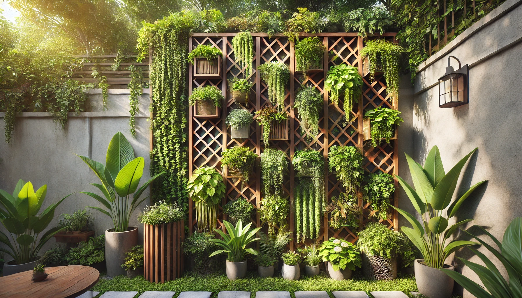 A realistic and aesthetically pleasing vertical garden designed for a small space. The garden features a sturdy wooden trellis attached to a wall, covered with a variety of lush green plants including ferns, ivy, and flowering vines. The vertical garden is set in a small backyard area, with a neat stone path leading to it. There are small decorative pots at the base, adding more layers of greenery. The atmosphere is sunny, with warm natural light enhancing the textures of the leaves and the wood. The scene is organized, vibrant, and inviting, ideal for urban homes with limited space.