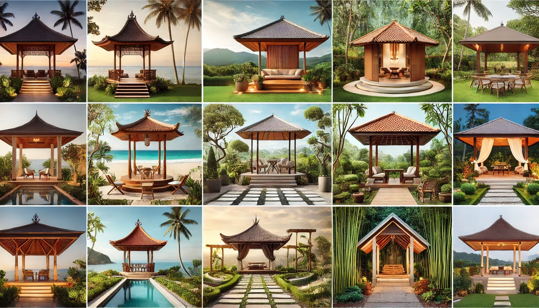 A scenic outdoor garden showcasing eight different popular gazebo designs in Indonesia, with clear dividing lines between each design to visually separate them. The image features a traditional wooden joglo-style gazebo, a minimalist gazebo with sleek lines in a modern house garden, a Bali-style gazebo with alang-alang roof by the beach, a Japanese Zen-inspired gazebo with bamboo and stones in a courtyard, a Mediterranean gazebo with stone pillars and terracotta roof in a garden, a classic European-style gazebo with white columns, a modern industrial-style gazebo with metal frames, and a tropical bamboo gazebo surrounded by lush greenery. Each gazebo is placed in its own distinct environment, with backgrounds ranging from a beach to a house garden, and clearer borders separating each design for visual distinction.