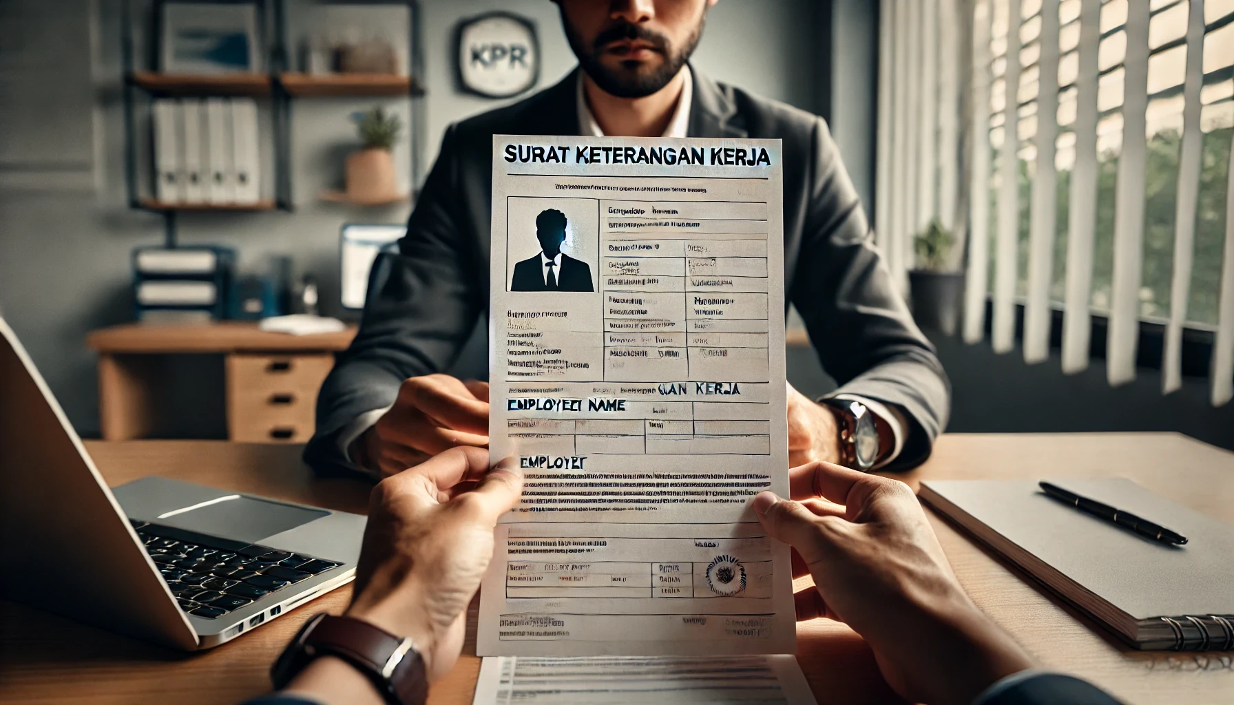 A wide-angle shot from behind a man sitting at a desk, holding a Surat Keterangan Kerja in his hands while reviewing it. The paper is clearly visible with more readable text, focusing on elements like employee name, job title, and company information. The man's thumb holding the paper is now correctly positioned. The background shows a professional office with a laptop, documents, and natural light coming through a window, creating a calm, focused atmosphere. The man is dressed formally, emphasizing the importance of the document for a KPR application.