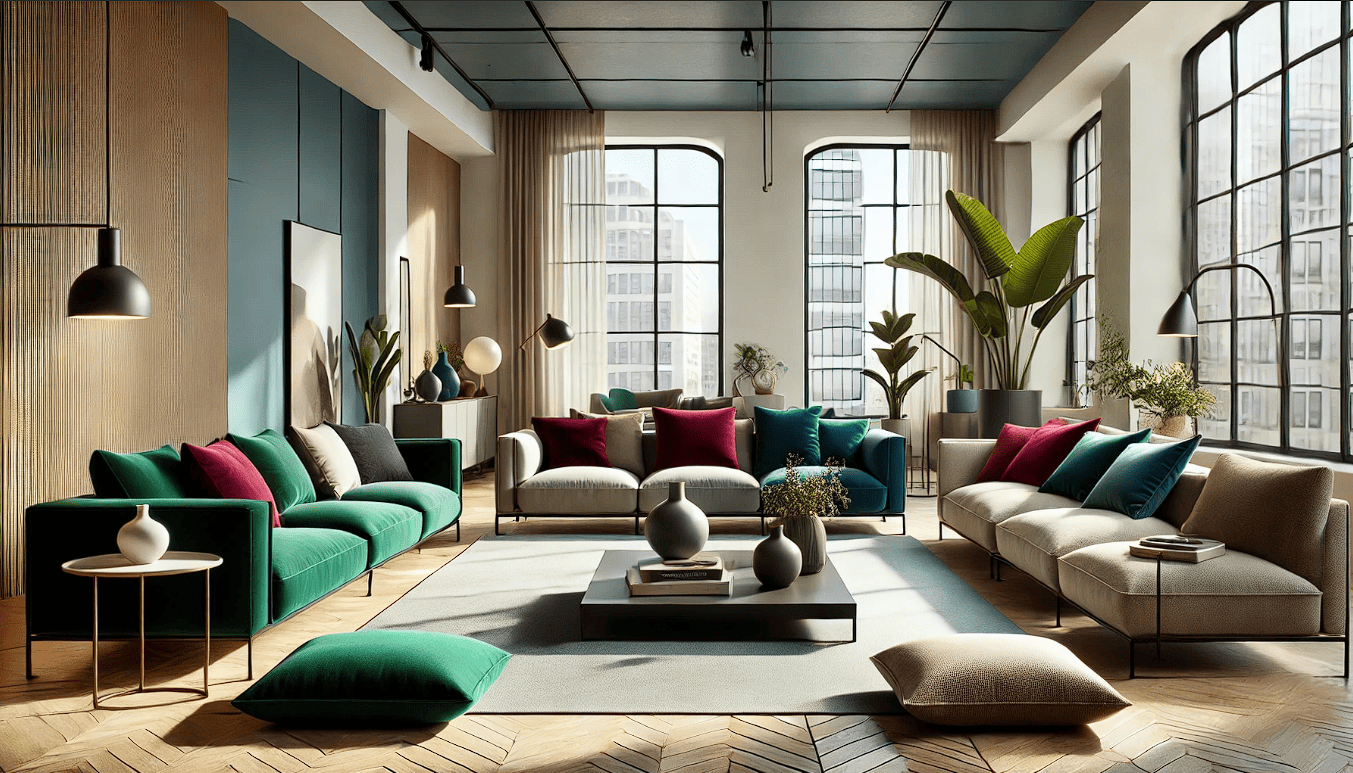A stylish modern living room showcasing different sofas in bold and neutral colors, representing the 2024 color trends. The room has a combination of minimalist and contemporary design with large windows letting in natural light. Sofas in vibrant colors like emerald green, deep blue, and bold maroon are displayed alongside neutral shades like beige, grey, and white. Each sofa has cushions in contrasting or complementing colors, and there are houseplants and modern decor elements around to enhance the aesthetic. The atmosphere feels sleek, cozy, and trendy, reflecting 2024 interior design trends.