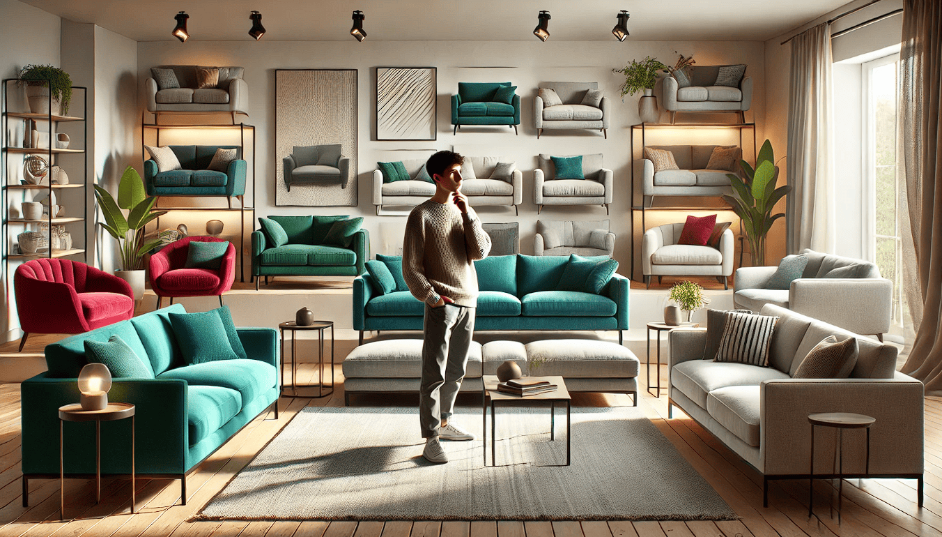 A modern living room showcasing different sofas in a variety of colors representing choices for selecting the right sofa. The scene features a youthful person in casual wear, looking thoughtful and wondering which sofa color to choose. The sofas displayed range from bold colors like emerald green and deep blue to neutral tones like beige and grey. The room has a cozy yet stylish atmosphere, with contemporary decor, houseplants, and soft lighting. The setting is inviting and reflects the challenge of choosing the perfect sofa color for a modern living room.