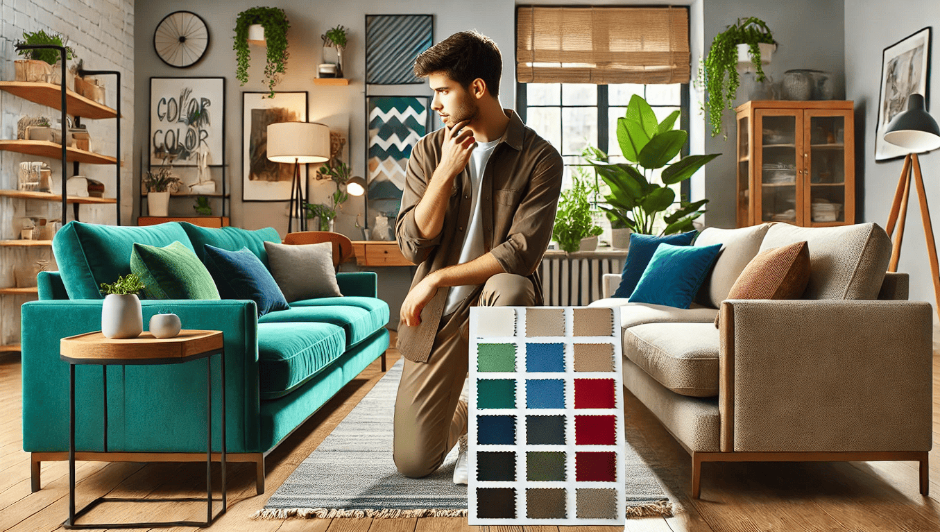 A modern living room with a youthful person in casual wear, thoughtfully choosing between different sofa colors. The room showcases sofas in bold tones like emerald green, deep blue, maroon, and neutral shades like beige and grey. Next to the sofas is a visible color palette, with swatches of vibrant and neutral colors, offering various options. The setting is cozy and stylish, with modern decor, houseplants, and soft lighting, reflecting the process of picking the perfect sofa color for a living room.
