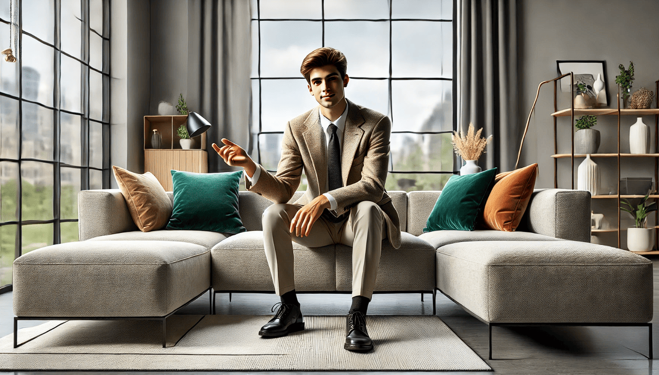 A modern living room showcasing different sofas in a variety of colors representing choices for selecting the right sofa. The scene features a youthful person in casual wear, looking thoughtful and wondering which sofa color to choose. The sofas displayed range from bold colors like emerald green and deep blue to neutral tones like beige and grey. The room has a cozy yet stylish atmosphere, with contemporary decor, houseplants, and soft lighting. The setting is inviting and reflects the challenge of choosing the perfect sofa color for a modern living room.