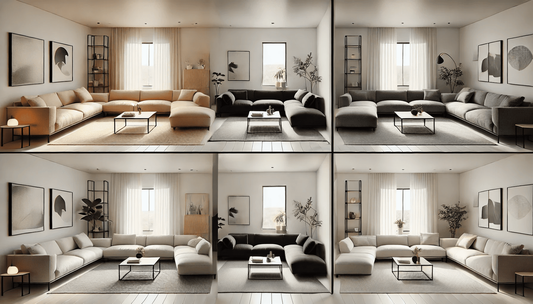 A modern living room divided into four quadrants, each showcasing a different type. The first quadrant features a light beige fabric with a soft, cozy appearance. The second quadrant shows a sleek, black leather L-Shape with a luxurious touch. The third quadrant displays a compact gray made of a textured fabric for a contemporary look. The fourth quadrant highlights a white, modular with adjustable parts and storage. Each section has matching decor like a coffee table, plants, and wall art to complement the style of each, all within a bright and airy space with natural light coming through large windows.