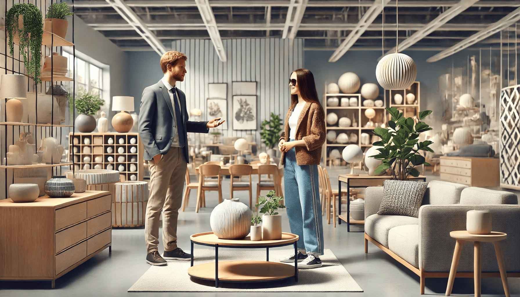 An interior shot of a stylish modern furniture store resembling IKEA, featuring minimalist decor items like vases, cushions, potted plants, and framed art on display. The background shows rows of decor and furniture setups typical of a large mall store. In the scene, a young person in casual attire wearing sunglasses and an adorable, cute hat is accompanied by a professional salesman. Both are engaged in conversation as the salesman points to various decor pieces. The young person looks interested and thoughtful. The atmosphere is bright and welcoming, with well-lit displays and an organized layout.