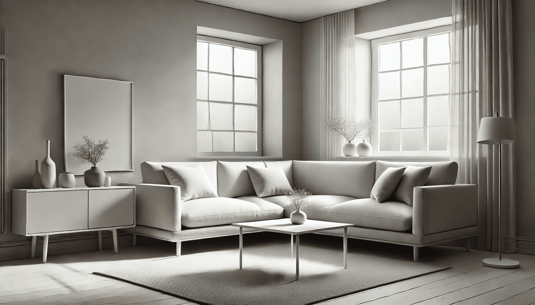 A modern, minimalist L-Shape sofa placed in a cozy, small living room. The room has light gray walls, large windows that let in natural light, and a simple coffee table in front of the sofa. The sofa is designed with clean lines, covered in a light fabric material, and decorated with a few neutral-toned throw pillows. The room features a minimalistic aesthetic, with a soft rug under the coffee table and a few small plants for a fresh touch. The image should feel bright and inviting.