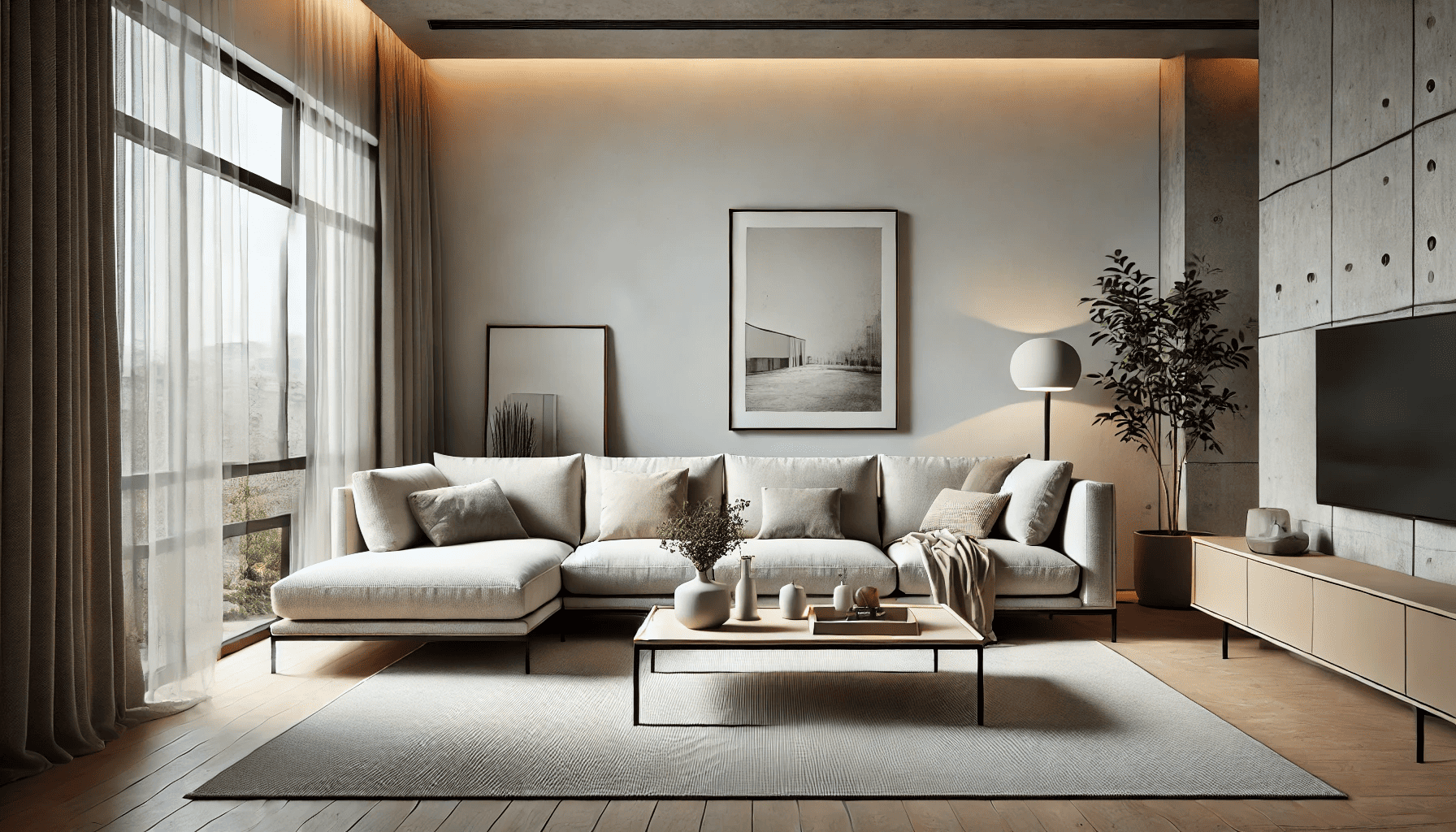 A modern living room showcasing a minimalist L-Shape sofa that perfectly fits the space. The sofa is medium-sized, upholstered in a soft fabric, with neutral colors like beige or gray. The room includes a matching coffee table, a few decorative throw pillows, and a soft rug underneath. The wall features a simple framed artwork and a standing lamp for a cozy atmosphere. Large windows bring in ample natural light, and a plant in the corner adds a fresh touch. The setup illustrates the versatility and elegance of choosing the right sofa for a minimalist aesthetic.