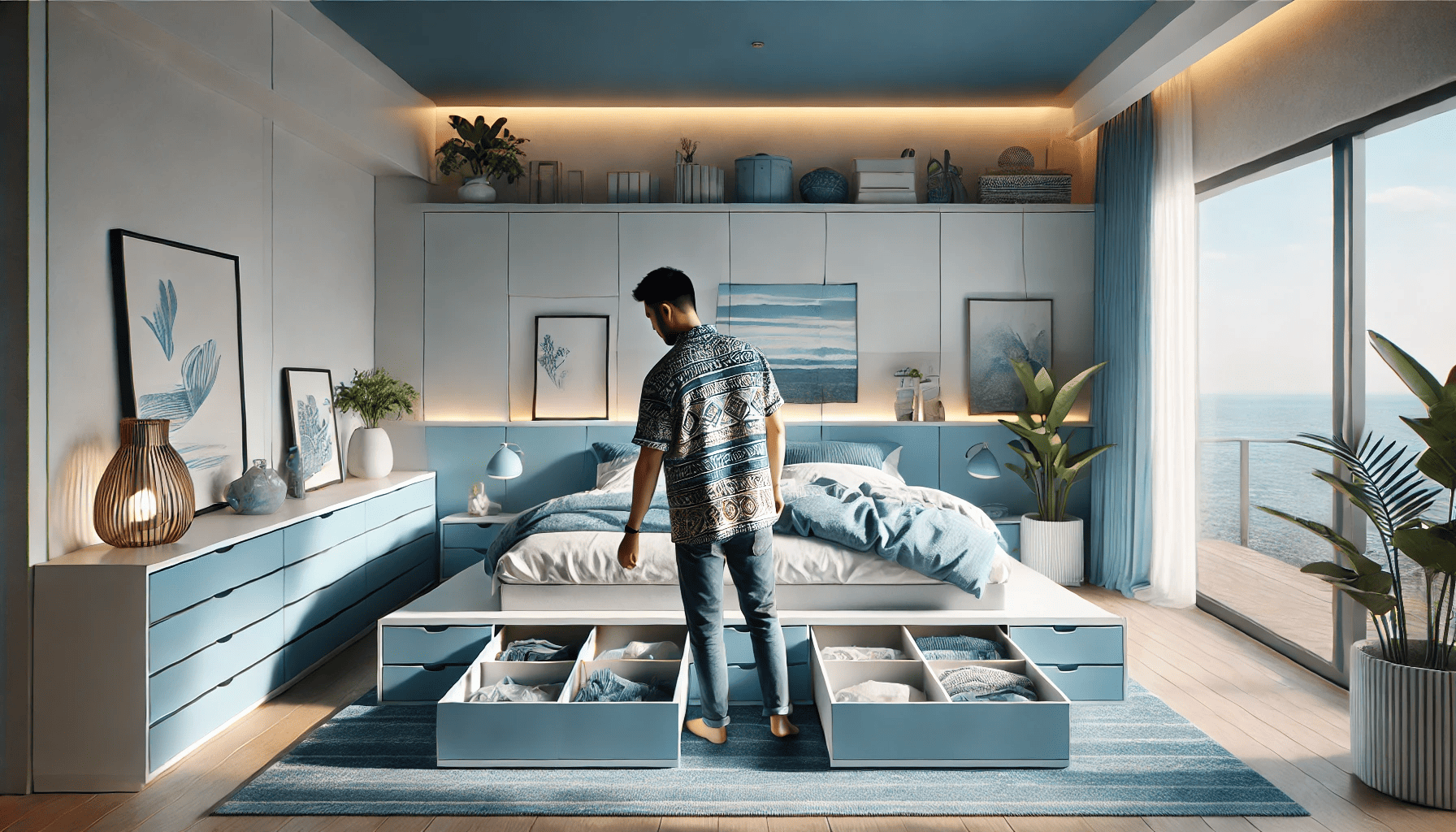 A realistic and cinematic image of a modern minimalist bedroom with blue sky and ocean-colored decor. The room features a simple bed with a light blue frame, blue and white bedding, and built-in storage drawers underneath. A man wearing a traditional Indonesian batik shirt is organizing the space, placing items in the drawers while standing closer to the front, away from the bed, to avoid overlapping with any objects. The room has a cool, calming palette with shades of blue and white, soft warm lighting, and minimal decor including small nautical-themed elements and green plants. The overall atmosphere is open, airy, and tranquil, with an emphasis on functionality and coastal-inspired style.