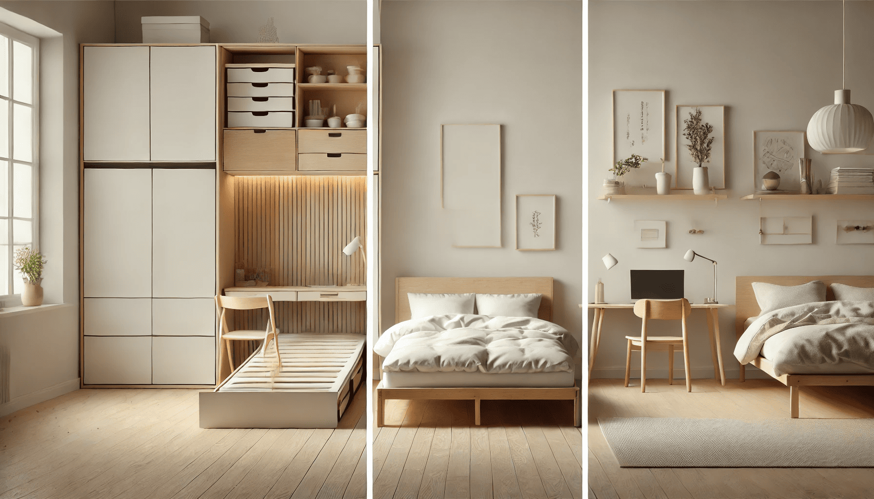 Gambar yang realistis dan sinematik yang dibagi menjadi tiga bagian, masing-masing menampilkan desain tempat tidur minimalis yang berbeda. Bagian pertama menunjukkan tempat tidur multifungsi dengan laci penyimpanan built-in dan meja lipat, yang menekankan kepraktisan dan efisiensi. Bagian kedua menampilkan tempat tidur bergaya Skandinavia yang terbuat dari kayu ringan dengan seprai putih, yang berfokus pada kesederhanaan dan keanggunan. Bagian ketiga menyoroti tempat tidur yang terinspirasi dari Jepang, yang menampilkan kayu alami dengan desain sederhana yang memadukan estetika Jepang dan Skandinavia. Setiap bagian memiliki dekorasi yang berbeda, namun semuanya mempertahankan tema minimalis dengan warna netral, pencahayaan yang lembut, dan elemen minimalis seperti tanaman kecil dan perabotan sederhana.
