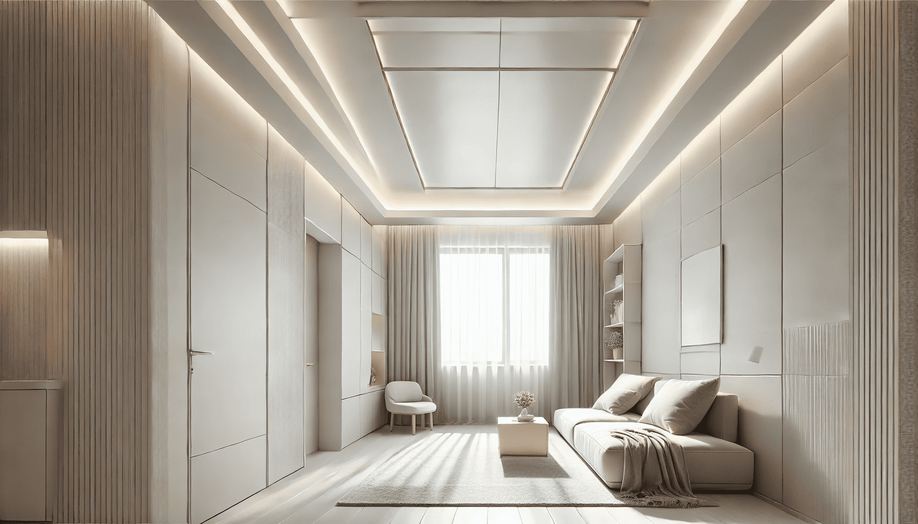 A modern and minimalistic room interior with a well-designed ceiling showing the benefits of minimalist ceiling design. The ceiling is sleek, flat, and white with recessed lighting and subtle detailing to create a sense of spaciousness. The room features light-colored walls, a small cozy couch, and minimal decor to emphasize simplicity. Natural light floods the space, giving a bright and airy atmosphere. The overall feel is clean, elegant, and contemporary, highlighting the functional and aesthetic benefits of a minimalist ceiling in a small room.