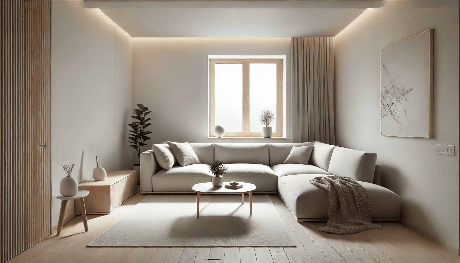 A small living room with a minimalist L-Shape sofa positioned to maximize space. The sofa is sleek and light-colored, with a modern coffee table and simple decor like a small potted plant and a cozy throw blanket. The walls are white, and there's a large window bringing in natural light, creating a bright and spacious atmosphere. The setup demonstrates how the sofa optimizes the limited space, giving a sense of openness and comfort.