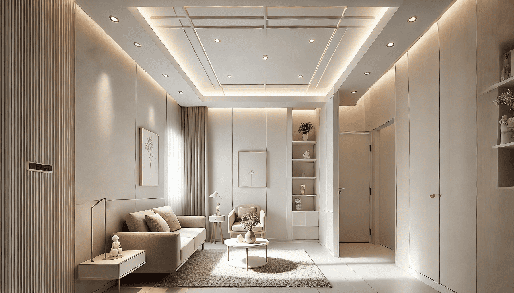 An image for an article section titled 'Tips Memilih Plafon untuk Ruangan Kecil', showcasing a small, cozy room with a focus on a well-designed minimalist ceiling. The ceiling features recessed lighting and is simple yet elegant, maximizing the space and enhancing the room's brightness. The room includes minimal decor, light-colored walls, and a small, modern sofa to emphasize the cozy atmosphere. The camera angle is slightly tilted up to capture the ceiling details, creating a sense of spaciousness. The overall tone is bright, inviting, and clean, perfect for a small living space.