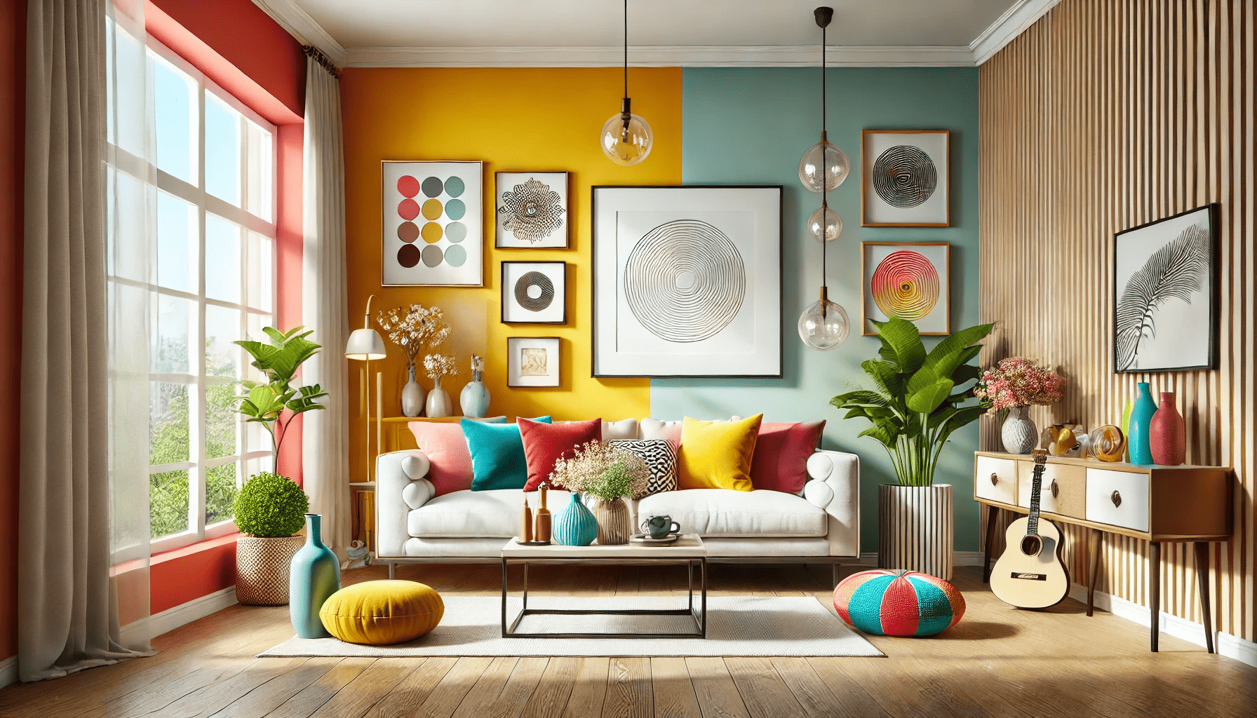 A beautiful interior design scene showing a bright and vibrant room, illustrating the balance between the color of the decorations and the color of the room. The space features modern furniture, such as a stylish sofa, colorful cushions, vases, framed art, and potted plants, all harmoniously matched with the wall colors and other room elements. The overall atmosphere is lively and inviting, showcasing how to combine colors and decorations effectively in a contemporary home. The design should be warm, cheerful, and visually appealing, emphasizing the aesthetic balance.