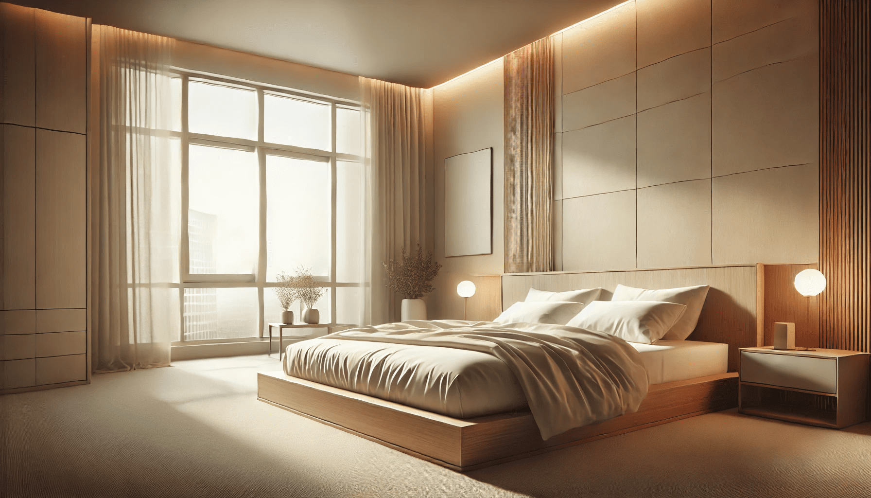 A realistic and cinematic image of a minimalist bedroom in a modern apartment. The bedroom features a simple wooden bed with clean lines and white bedding. The room is spacious, with neutral colors like white and beige, and large windows allowing natural light to flood the space. The decor is minimal, with a few small plants and a simple nightstand. The scene has a warm, inviting atmosphere, showcasing the elegance and tranquility of a minimalist design. The lighting is soft and warm, enhancing the cozy feel of the room.