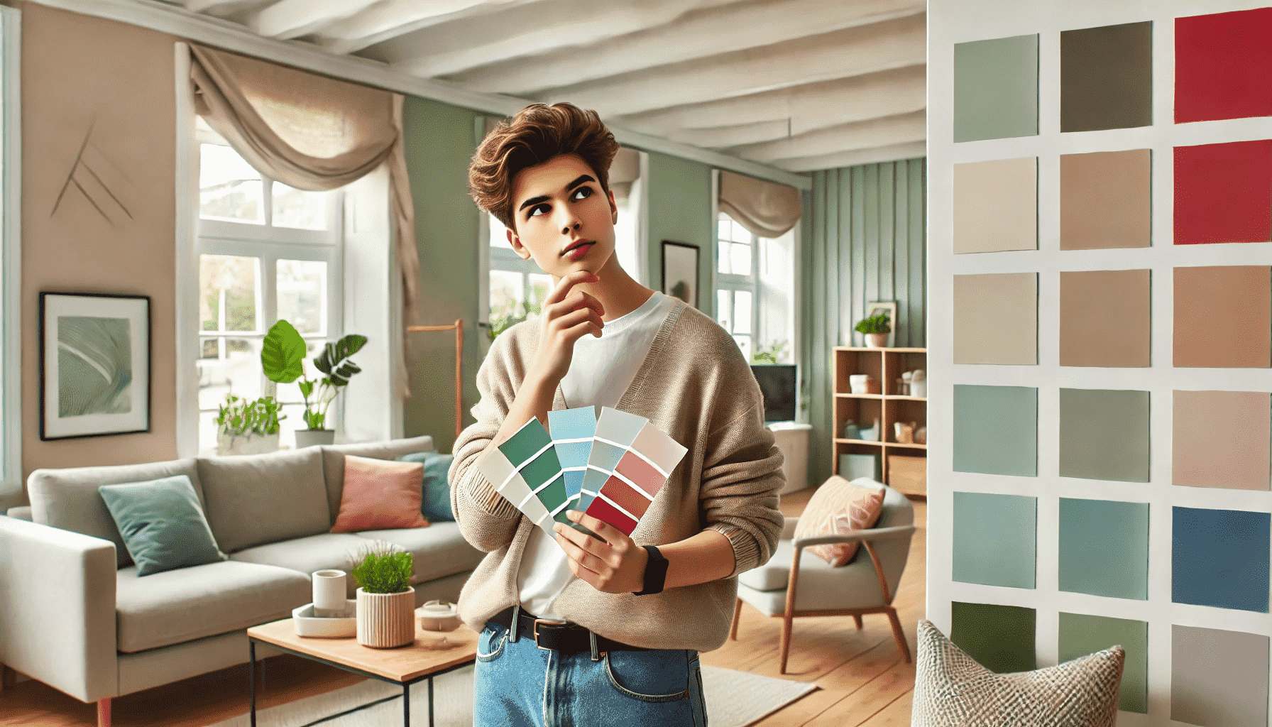 A young person in a modern living room, expressing curiosity as they try to choose the right color combination for painting their house. The person is holding color swatches and looking thoughtfully at the walls, which feature a few sample paint colors including soft green, beige, and light blue. The room is stylishly furnished with a mix of neutral and vibrant accents, showcasing the possibilities of different color combinations. Natural light fills the room through large windows, and the atmosphere feels creative, modern, and engaging, emphasizing the importance of selecting the perfect color scheme for a home.
