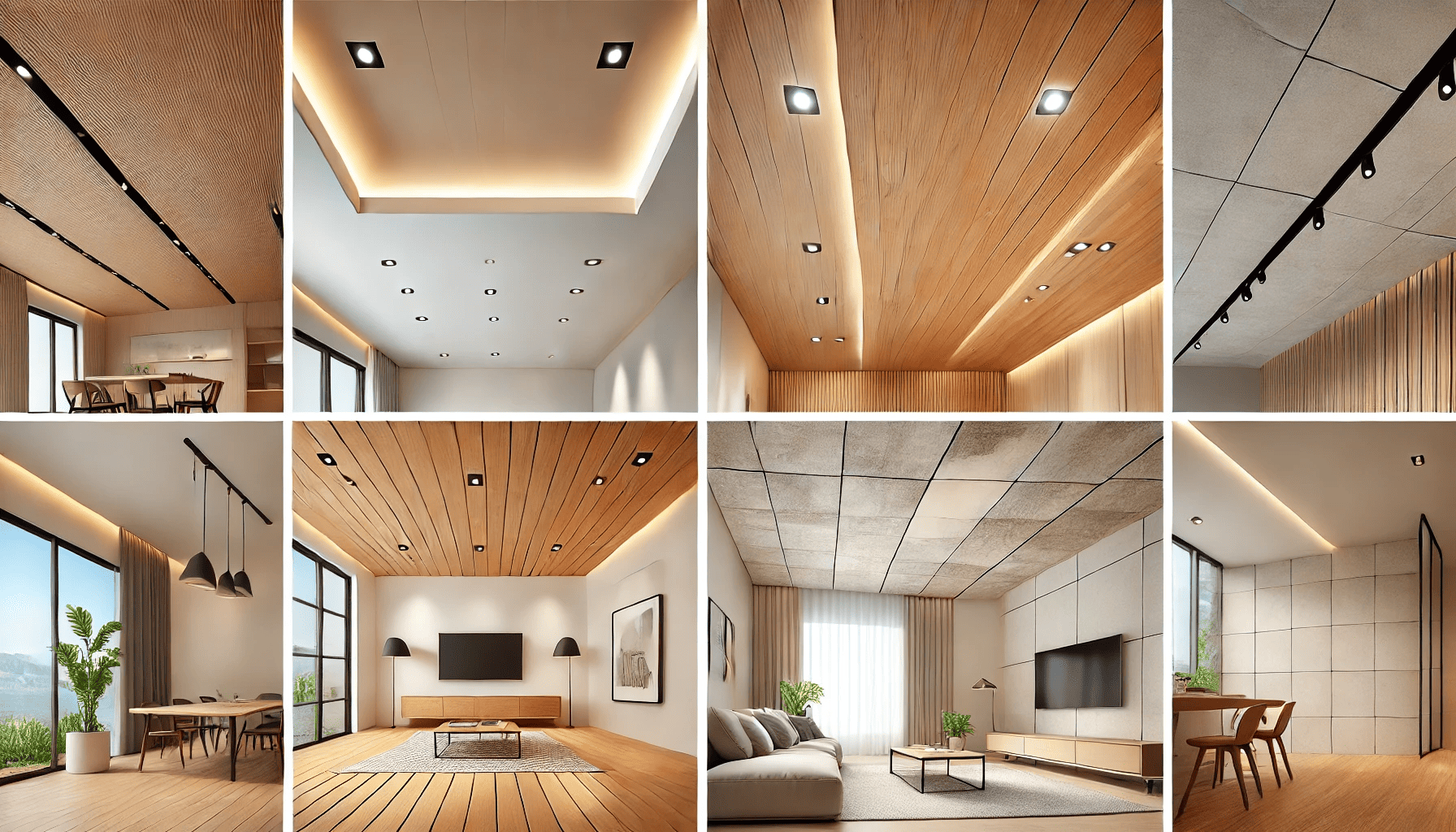 A split-screen image divided into four sections, each showcasing different types of minimalist ceilings: 1) Plafon Gipsum - a sleek, smooth white ceiling with recessed lighting, 2) Plafon Kayu - a warm wooden ceiling with natural wood texture and beams, 3) Plafon PVC - a modern, light ceiling with a subtle pattern and bright LED lights, and 4) Plafon Fiber Cement - a durable, slightly textured ceiling with a natural stone-like finish. Each section displays a small, cozy, minimalistic room interior to highlight the unique look and functionality of each ceiling type.