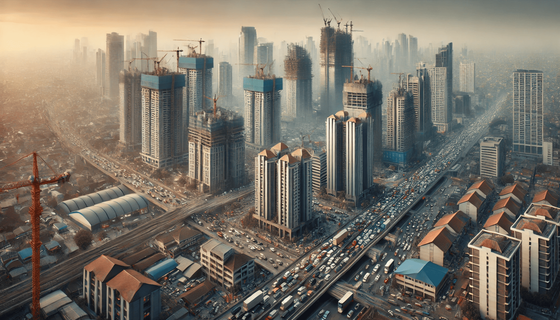 A realistic and textless drone-style image for an article titled 'Tantangan yang Dihadapi Outlook Sektor Properti di tahun 2025.' The image captures a bustling urban environment with dense buildings, some under construction, and traffic congestion to symbolize challenges. The composition includes cranes and scaffolding in the background, indicating developmental struggles, with a muted and slightly overcast tone to convey the difficulties faced by the property sector.
