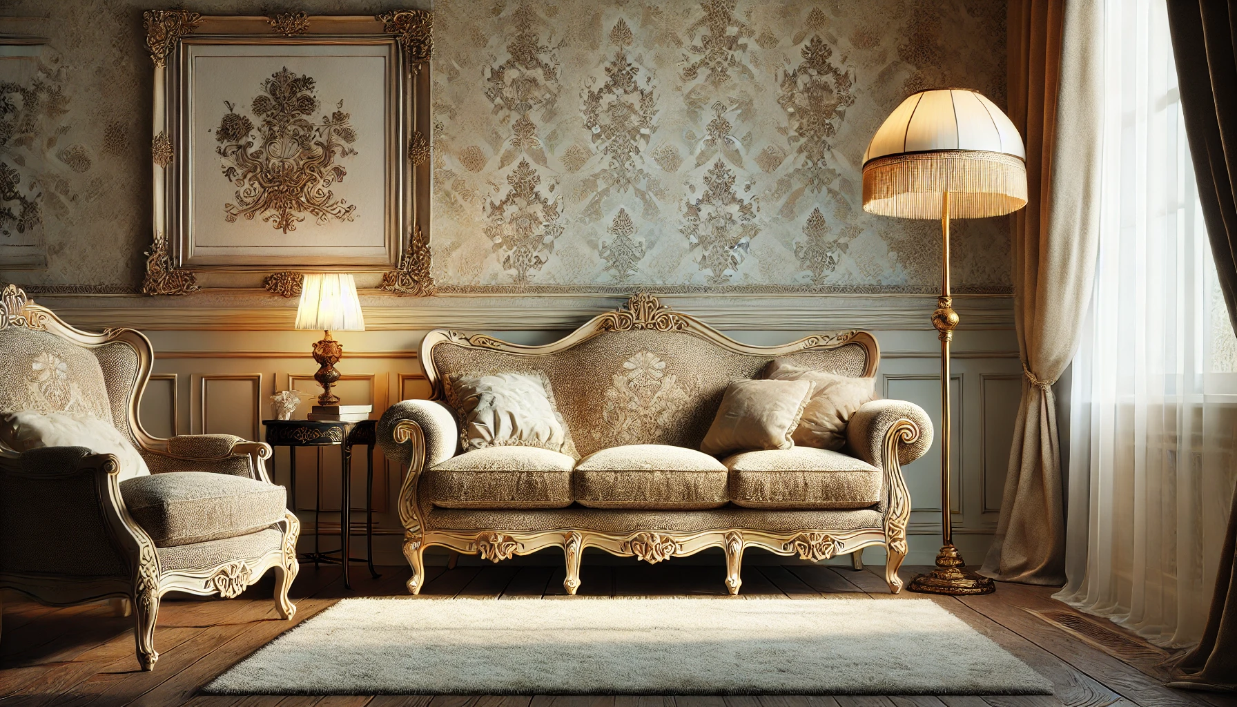 A cozy living room highlighting a classic-style sofa with intricate details and luxurious fabric, positioned against a soft-toned wallpaper. The scene includes vintage decor items such as a floor lamp and a side table with an antique finish. A plush carpet and elegant curtains frame the room, enhancing its timeless, elegant vibe.