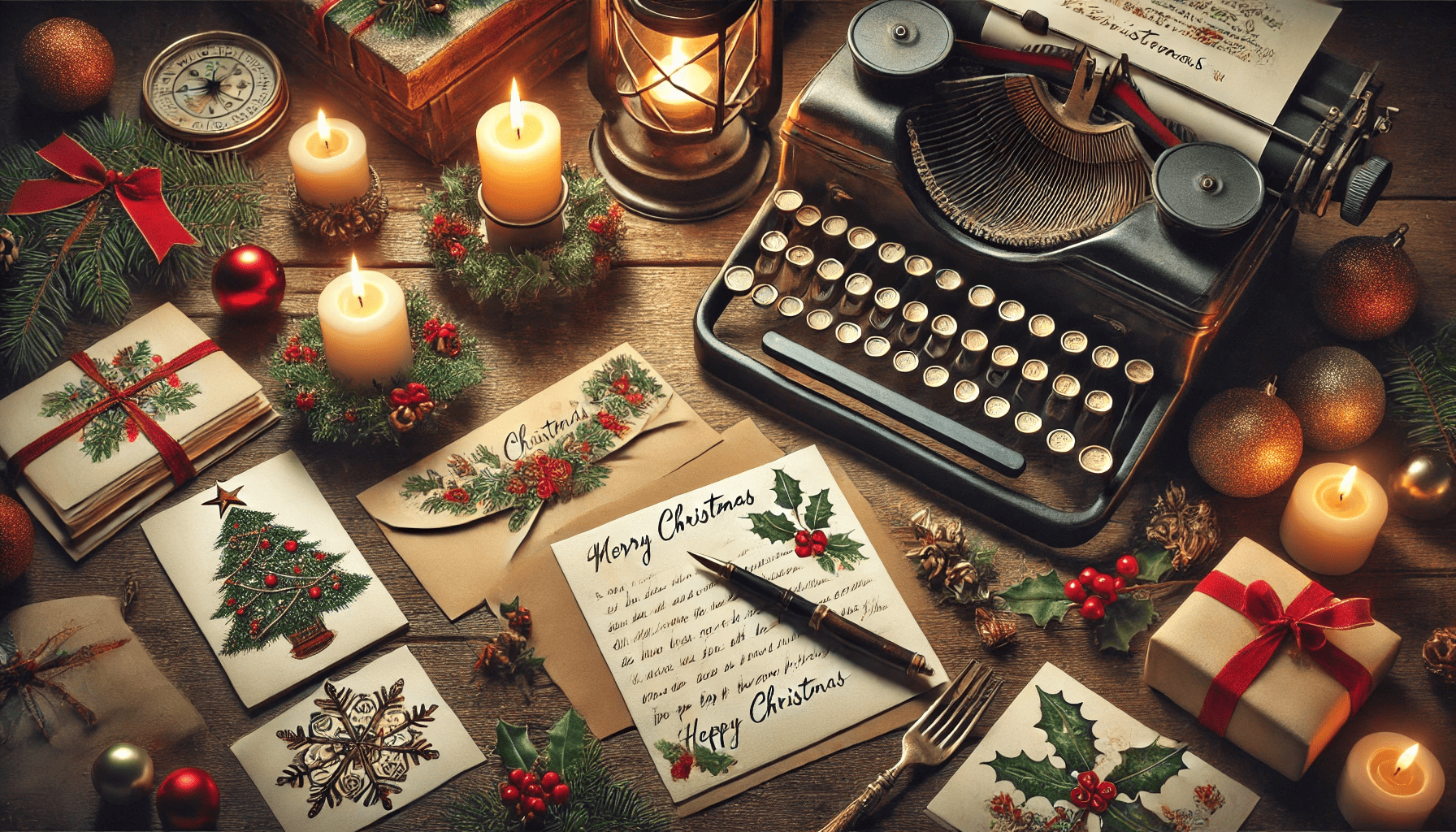 Pemandangan Natal yang artistik menampilkan kartu Natal yang ditulis tangan dengan dekorasi meriah seperti holly, lilin, dan mesin ketik klasik, ditata di atas meja kayu untuk menekankan tradisi pesan liburan yang bermakna.