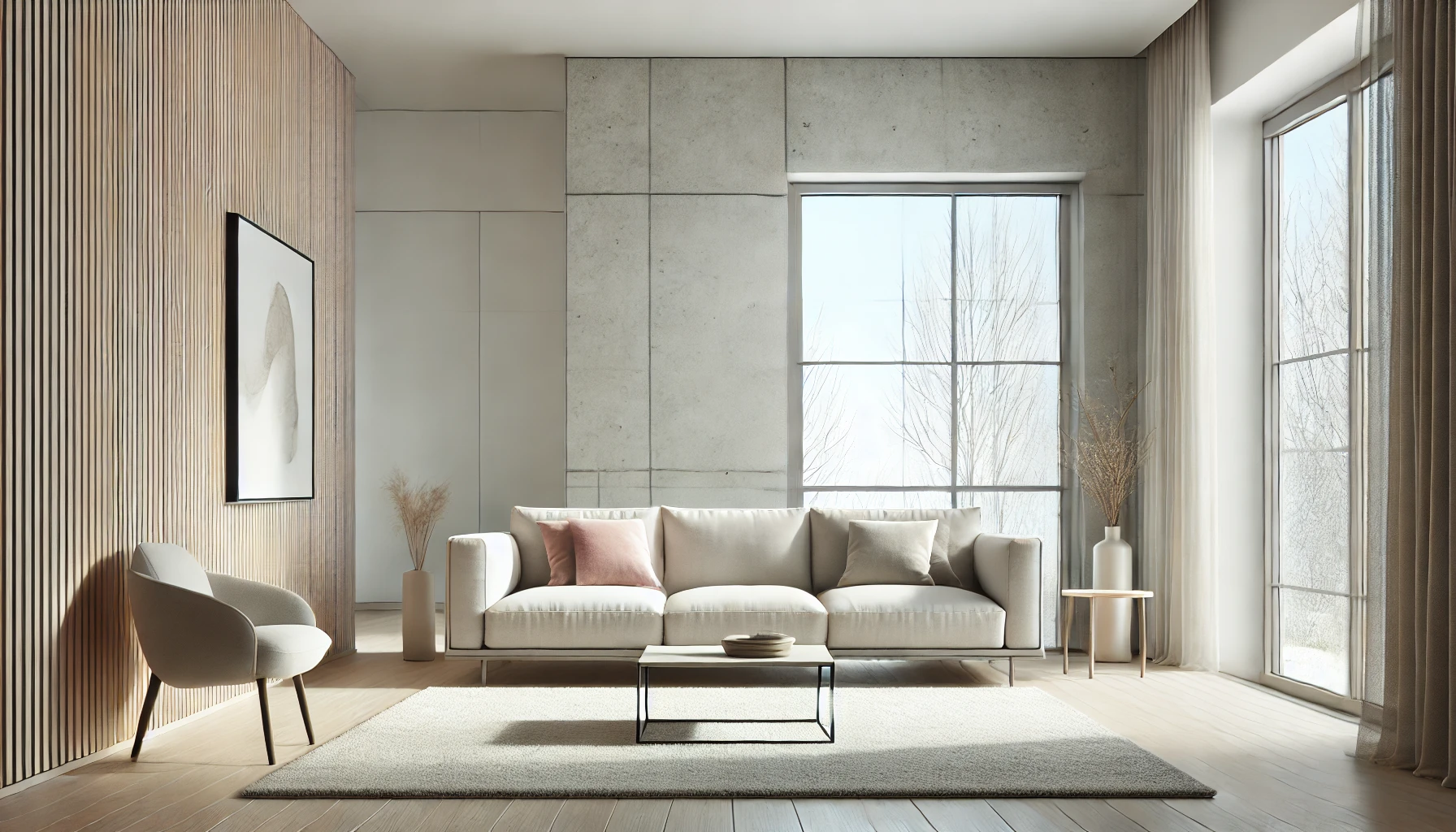 A modern living room showcasing a minimalist sofa design with clean lines, neutral colors, and simple decor. The sofa is placed against a light-colored wall with a small coffee table in front and a cozy rug underneath. Large windows let in plenty of natural light, enhancing the modern aesthetic. The room feels spacious and uncluttered, embodying a minimalist design trend.