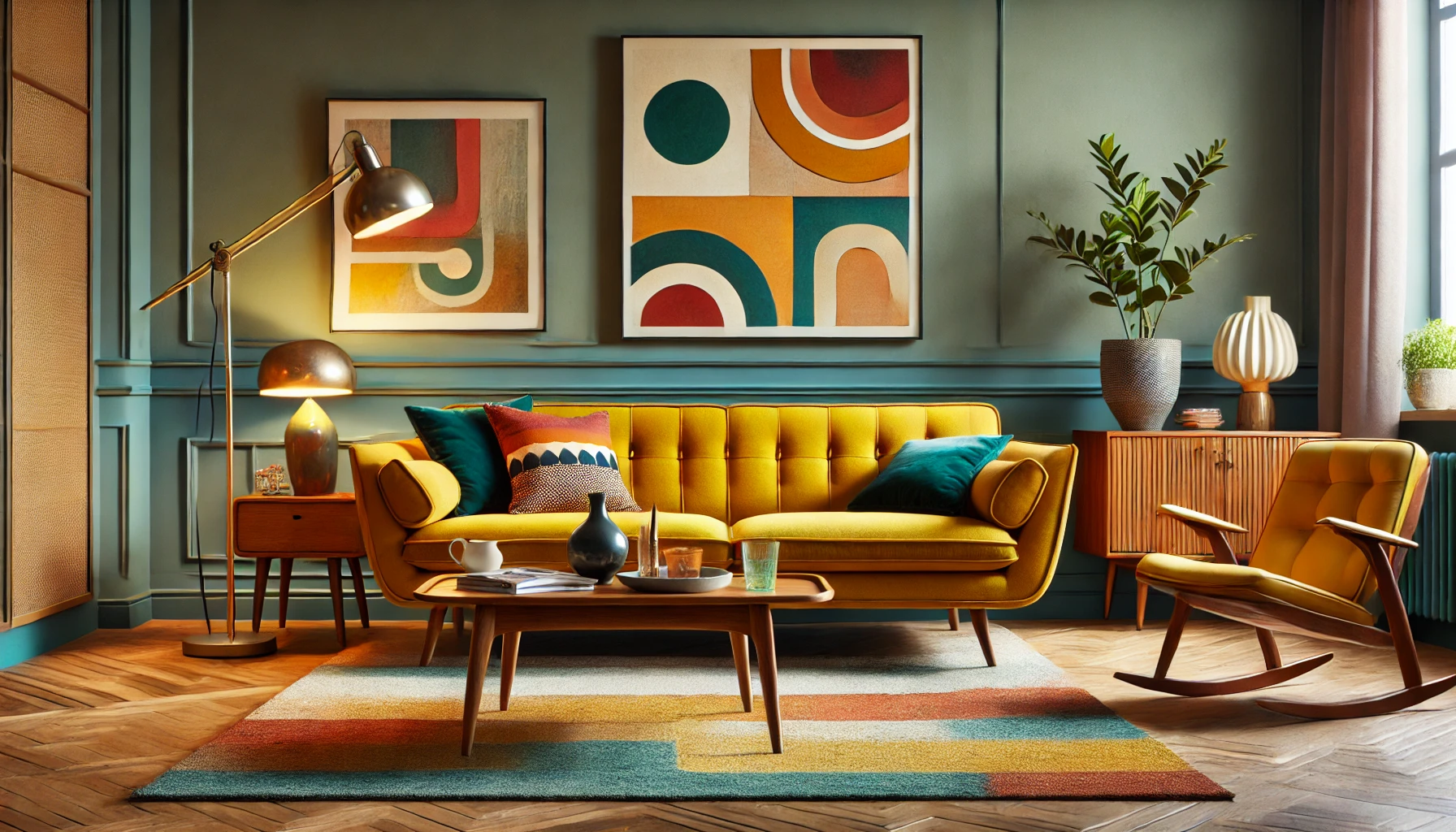 A stylish ruang tamu with a retro-themed sofa in vibrant colors such as mustard yellow or teal. The sofa is paired with mid-century modern furniture, including a wooden coffee table and vintage-style lamps. The room is decorated with abstract art on the walls and patterned rugs, creating a lively and nostalgic atmosphere.