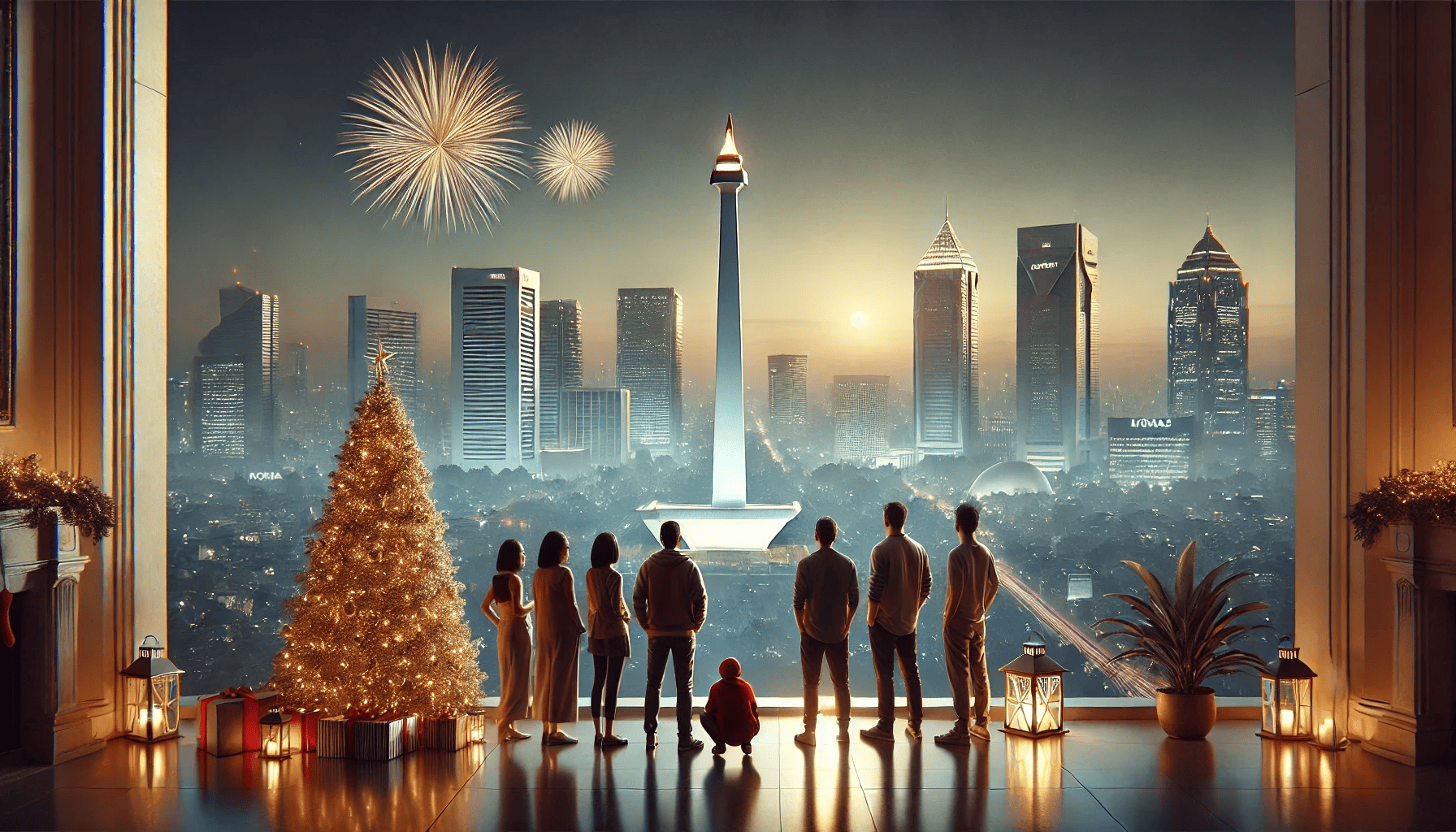 Pemandangan realistis bertema Ucapan Natal dan Tahun Baru yang berlatar belakang kota metropolitan Jakarta. Latar belakangnya menampilkan cakrawala Jakarta yang ikonik dengan Monumen Nasional (Monas) yang disinari cahaya lembut di bawah langit malam yang cerah. Sekelompok orang dengan pakaian kasual modern (tanpa syal) terlihat dari belakang, berdiri bersama dan melihat ke arah Monas, seolah-olah mengagumi pemandangan tersebut. Pemandangan ini mencakup pohon Natal yang dihias secara halus di dekatnya dan kembang api yang lembut di kejauhan. Pencahayaannya hangat dan alami, menciptakan suasana yang tenteram dan meriah.