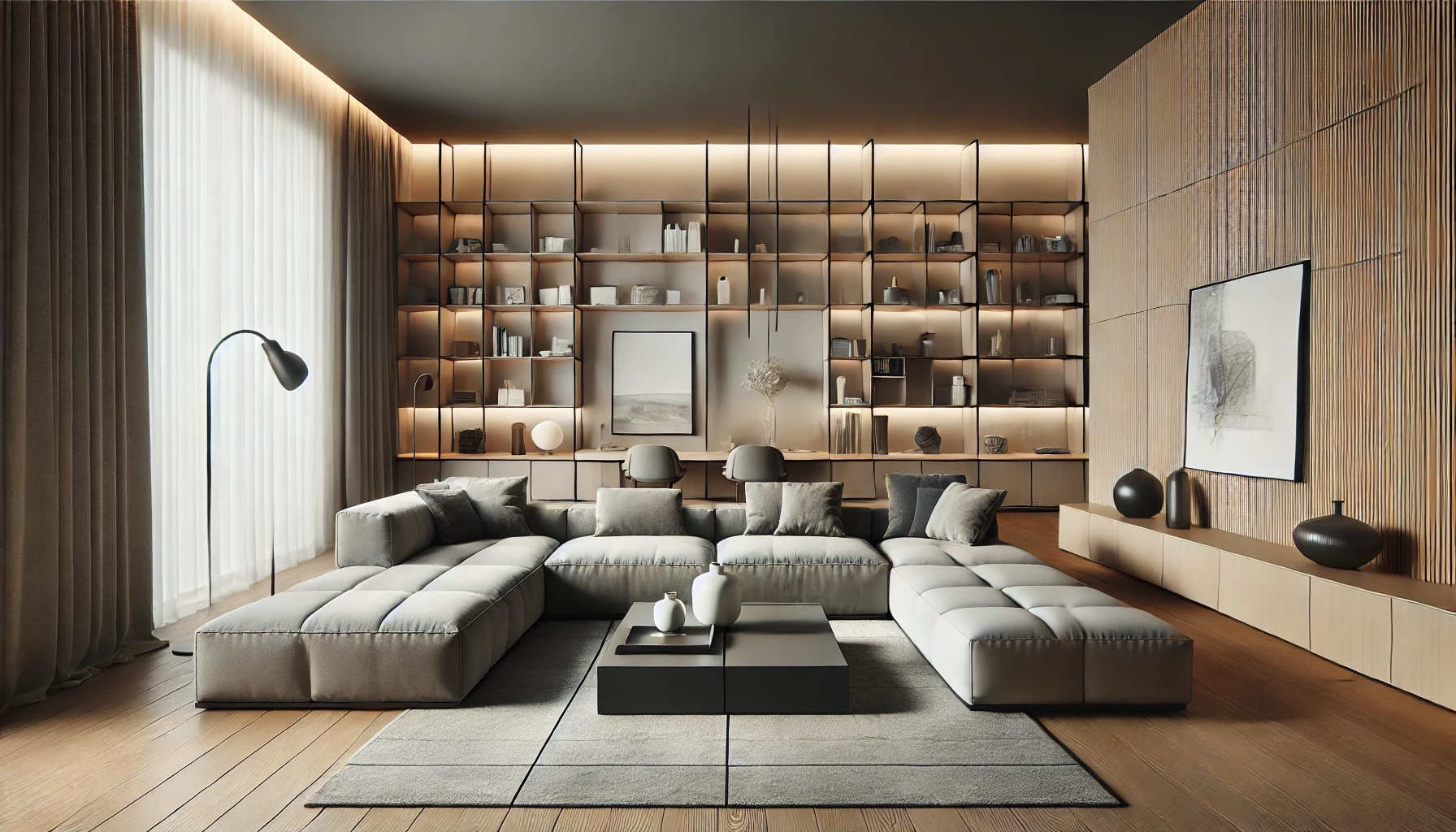 A contemporary ruang tamu featuring a modular sofa setup with a flexible configuration. The sofa pieces are arranged in an L-shape, set against a modern backdrop of sleek shelves and a stylish coffee table. The room is designed to reflect a multifunctional living space with neutral tones and modern lighting fixtures.