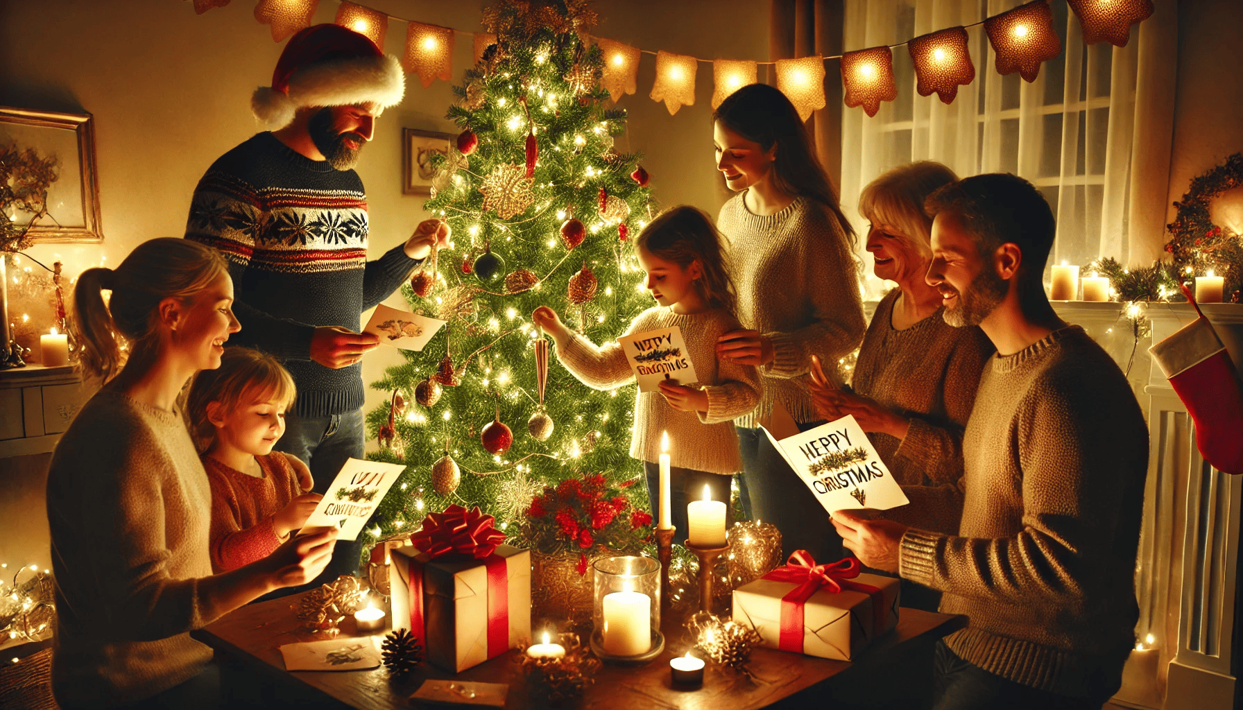 A festive Christmas gathering scene illustrating the importance of Christmas messages, with a family exchanging cards and gifts around a beautifully decorated tree, warm ambient lighting enhancing the sense of togetherness.