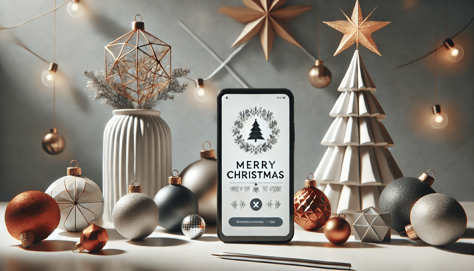 Pengaturan liburan modern dengan smartphone yang menampilkan kartu Ucapan Natal digital, dikelilingi oleh dekorasi kontemporer yang meriah seperti ornamen geometris, pohon Natal minimalis, dan pencahayaan yang lembut, melambangkan pendekatan kreatif terhadap ucapan selamat hari raya.