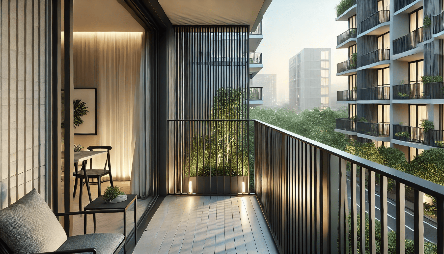 A modern Pagar Balkon Minimalis featuring a minimalist railing design. The railing is made of sleek black metal bars with clean horizontal lines. The balcony overlooks a serene urban setting with greenery and soft lighting. The setting includes cozy chairs and a small table, emphasizing a relaxing and elegant atmosphere, highlighting the advantages of minimalist balcony railings.